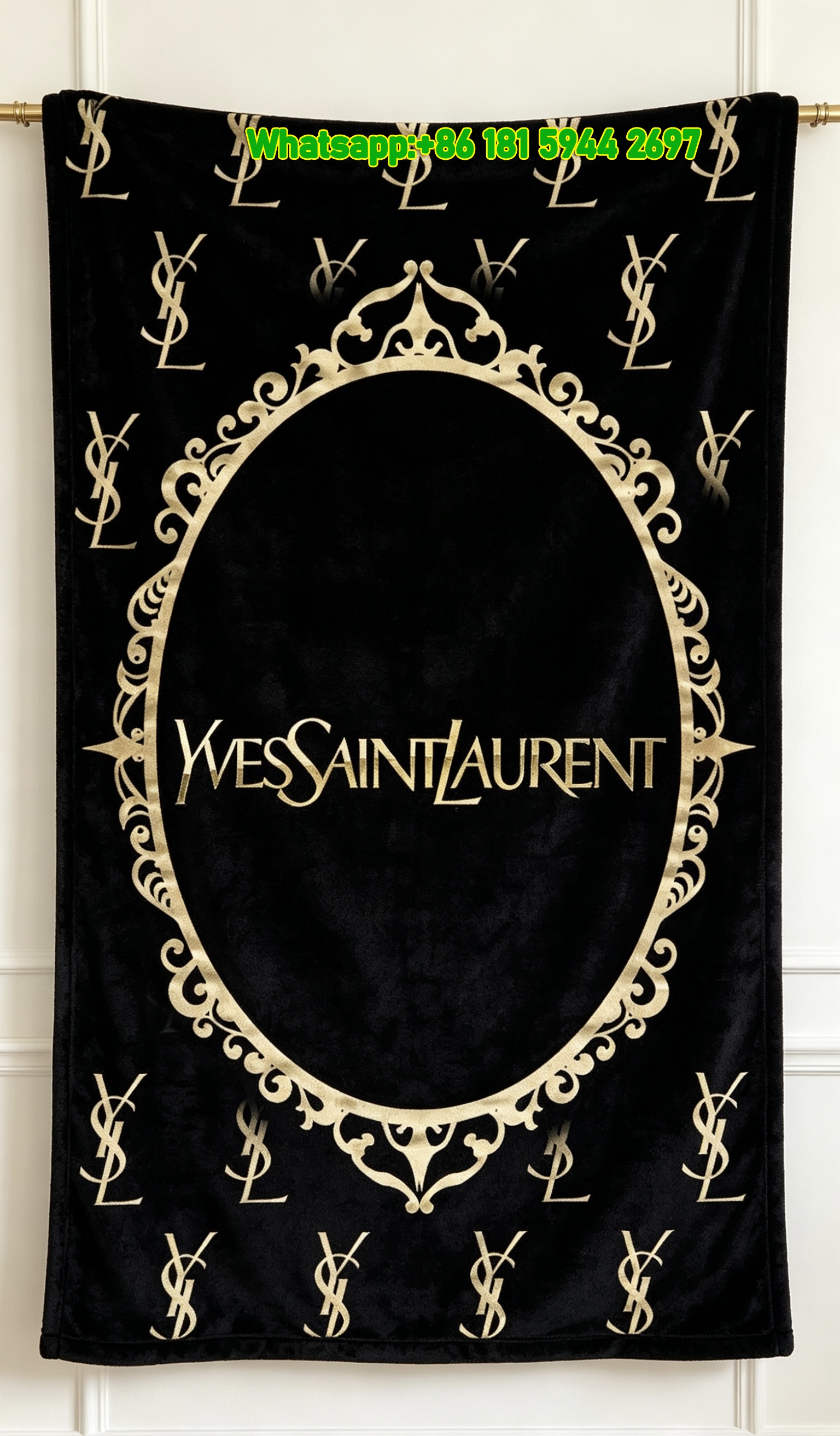 Yves Saint Laurent YSL Black Background Gold Ornate Frame Logo Printed Fleece Throw Blanket IMG_3209